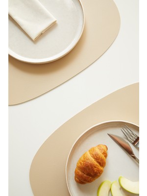 Home Wave 2 Adet Bej/Taş Suni Deri Sofra Sunum Tabak Altlığı Supla Amerikan Servisi 45x36 cm