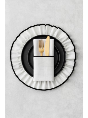 PremiumPort 6'lı Yuvarlak Keten Amerikan Servis Seti Beyaz Siyah Biyeli Fırfır Kenar