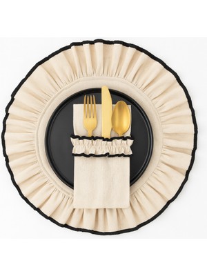 PremiumPort 6’lı Fırfırlı Ham Keten Amerikan Servis ve Kaşıklık Seti Siyah Biyeli