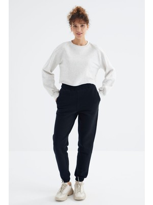 Tommy Life Lacivert Yüksek Bel Şardonlu 3 İplik Pamuklu Basic Kadın Eşofman Alt - 94624
