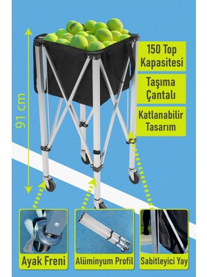 Feyza Design Tekerlekli 150 Top Kapasiteli Tenis Topu Sepeti, Pratik ve Şık Tasarım