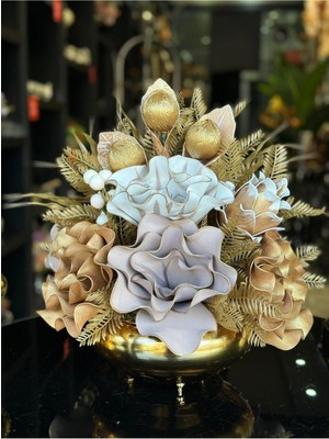 PremiumPort Yapay Çiçeklerle Dekoratif Gold Vazo No:19