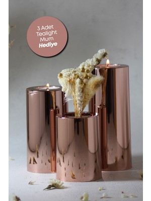 PremiumPort 3'lü Bakır Krom Parlak Tealight Mumluk Seti, Şık Dekoratif Aksesuar