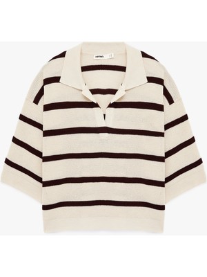 Koton Uzun Kollu Çizgili Polo Yaka Triko Kazak
