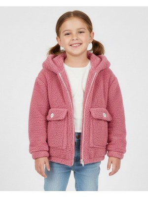 Ege Bebek Kız Çocuk Cep Detaylı, Kışlık Peluş Kuzu Hırka,5-6-7-8-9-10 Yaş Kapüşonlu Hırka, Ceket, Kaban