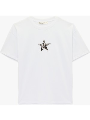 Koton Kısa Kollu Bisiklet Yaka Pamuklu Yıldız Baskılı Oversize Tişört