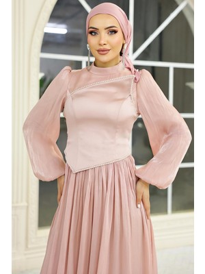 Olcay Inci ve Saten Detaylı Yoryo Ipek Tesettür Abiye Elbise Pudra 1688