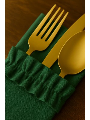 PremiumPort 12'li Ham Keten Sofra Seti, Fırfırlı Amerikan Servis ve Kaşıklık