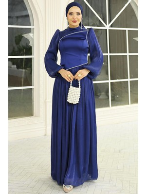 Olcay Inci ve Saten Detaylı Yoryo Ipek Tesettür Abiye Elbise K. Indigo 1688