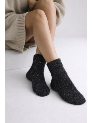 Kadın Simli Peluş Soket Çorap Siyah