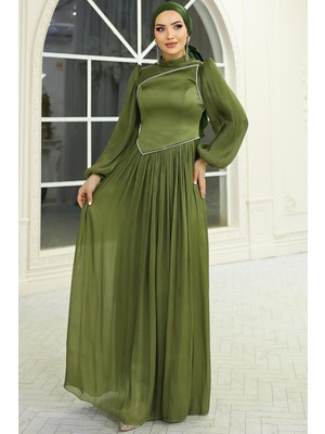 Olcay Inci ve Saten Detaylı Yoryo Ipek Tesettür Abiye Elbise Yeşil 1688