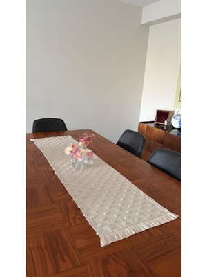 PremiumPort Ponpon Dokulu Bej Dekoratif Runner 40X140 Saçaklı ve Leke Tutmaz