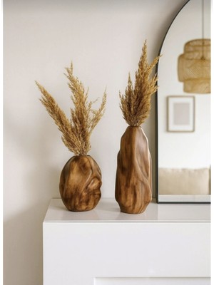 PremiumPort Şık Seramik Ahşap Desenli Ikili Dalga Vazo Seti, Ev Dekorasyonu Için Ideal