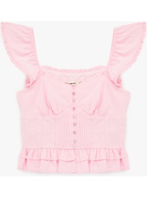 Koton Pamuklu Düğmeli Fırfırlı Volanlı Kalp Yaka Kolsuz Bluz