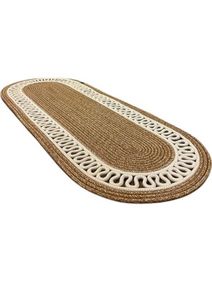PremiumPort El Örgüsü Jüt Runner Oval Şerit Desenli Masa Sehpa Örtüsü Kaymaz & Yıkanabilir