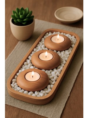 PremiumPort Doğal Ahşap Mumluk Seti, 3'lü, Dikdörtgen Tepsili ve Dekoratif Taşlı