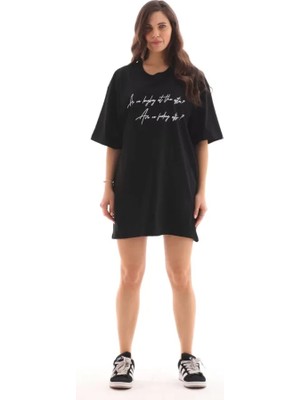 Bet's  Unisex Bisiklet Yaka Baskılı Oversize T-Shirt - Siyah