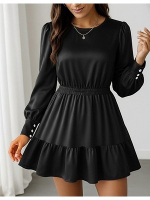 Bet's  Kadın Uzun Kollu Bisiklet Yaka Beli Lastikli Fırfırlı Ithal Krep Elbise