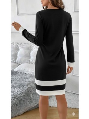 Mustafa Kemal Boztekin Bet's  Kadın Uzun Kollu Yuvarlak Yaka Etek Ucu Şerit Detaylı Mini Siyah Beyaz Dalgıç Elbise