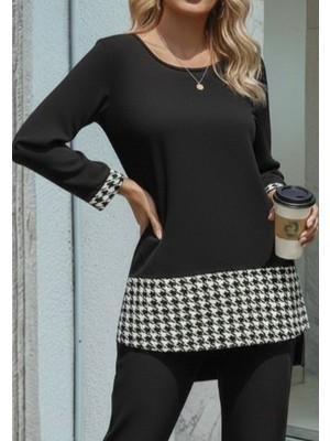 Bet's  Kadın Uzun Kollu Yuvarlak Yakalı Kaz Ayağı Detaylı Viskon Iki Iplik Bluz ve Pantolon Ikili Takım