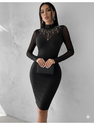 Bet's  Kadın Balıkçı Yaka Dalgıç Kumaş Taş ve Transparan Detaydiz Üstü Elbise