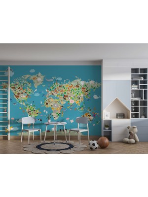 Arterior Wallpaper Dünya Haritası Çeşitli Hayvanlar Poster Duvar Kağıdı
