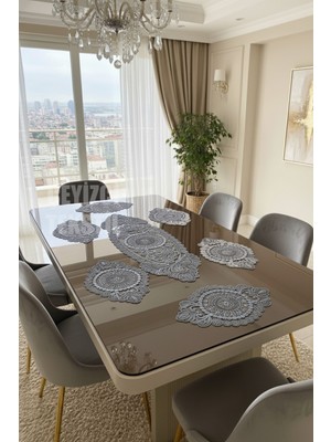 PremiumPort Modern 6 Kişilik Amerikan Servis Supla Runner Takımı Gri, Şık ve Zarif