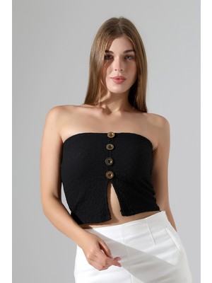 Endies Slim Fit Dar Kesim Jakarlı Viyana Önü 4 Düğmeli Kadın Straplez Crop Atlet 22057 Siyah