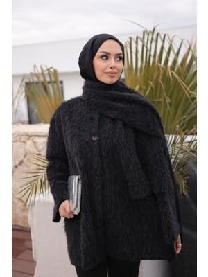 İmaj Butik Siyah Atkı Detaylı Düğmeli  Angora Ceket