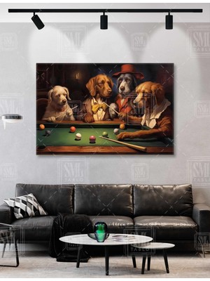 SML Tablo Bilardo Oynayan Takım Elbiseli Köpek Komik Hayvan Dekor Yatay Kanvas Tablo