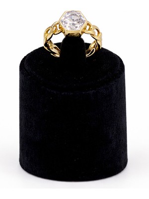 Pangu Altın Renk Zincir Detaylı Tek Taş Çelik Kadın Yüzük