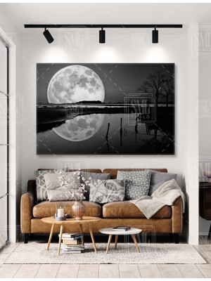 SML Tablo Dolunay Parlak Büyük Ay Göl Manzarası Yakamoz Iskele Yatay Kanvas Tablo