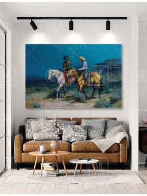 SML Tablo Gece Yıldızların Altında Atla Gezinti Kovboy Cowboy Amerika Teksas Yatay Kanvas Tablo
