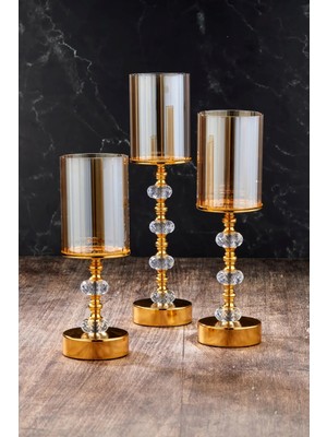 PremiumPort Şık Kristal Taşlı Altın Renkli Ayaklı 3'lü Şamdan Seti