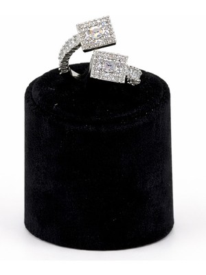 Pangu Gümüş Renk Kare Taşlı Çift Başlı Çelik Kadın Yüzük