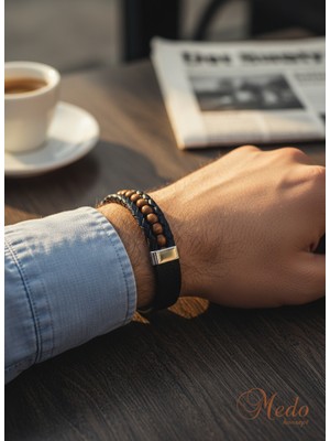 Medo E-Konsept ⛓️Şık Lacivert Erkek Deri Bileklik – Kahverengi Boncuk & Kolay Mıknatıslı Kapama Son 3 Adet