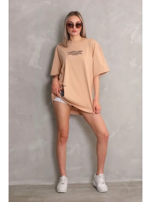 Bet's  Unisex Bisiklet Yaka Baskılı Oversize T-Shirt - Bej