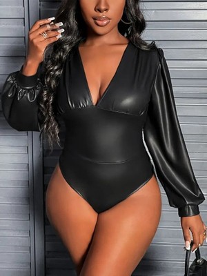 Bet's  Kadın Uzun Kollu Derin V Yakalı Deri Zıbın