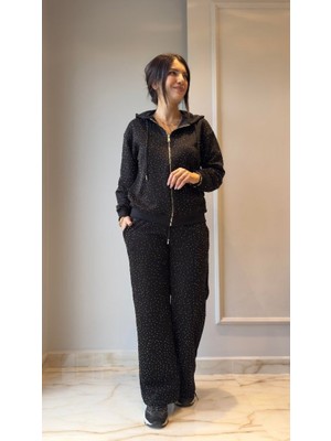 Bet's  Kadın Uzun Kollu Kapşonlu Fermuarlı Taşlı Önü Fermuarlı Viskon Iki Iplik Bluz ve Eşofman Altı Ikili Takım