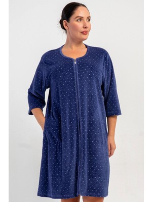 Vienetta Kadın Büyük Beden Kadife Kumaş Fermuarlı Kapri Kol Ev Elbisesi Gecelik Lacivert C8T0N0705