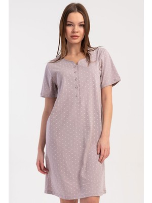 Vienetta Kadın Yarım Düğmeli Kısa Kol Puantiyeli Gecelik Tunik Açık Kahve C6T2N0015