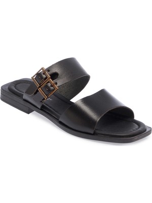 Tergan  Siyah Hakiki Deri Kadın Terlik - K25Y1TR67785-A23