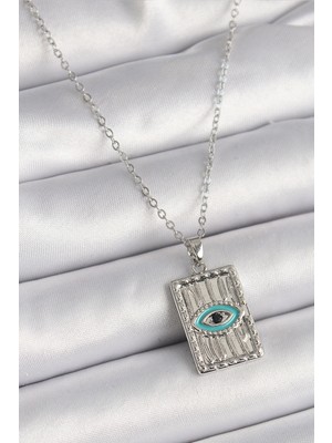 Eco Lounge 316L Çelik Gümüş Renk Zirkon Taşlı Göz Işleme Detaylı Plaka Model Kadın Kolye