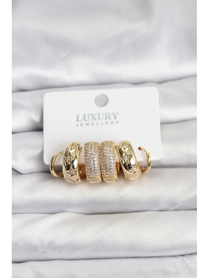 Eco Lounge Zirkon Taşlı Pirinç Gold Renk Halka Kadın Küpe Seti