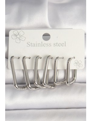 Eco Lounge 316L Çelik Gümüş Renk Kare Model Kadın Küpe Seti