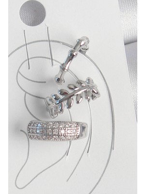 Eco Lounge Pirinç Gümüş Renk Zirkon Taşlı 3'lü Model Yaprak Figür Kadın Kıkırdak Küpe