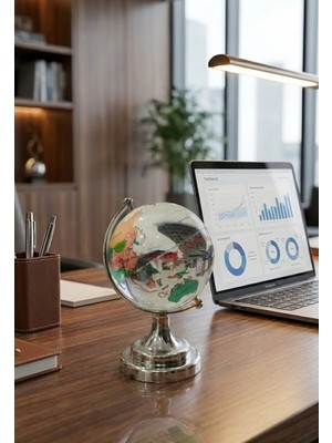 Deco Elit Renkli Dünya Haritası Cam Küre Silver Standlı  Ofis Hediyesi 10 cm Boy