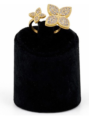 Pangu Çift Çiçek Figürlü Altın Renk Taşlı Çelik Yüzük