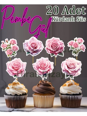 Hiras Dizayn 20 Adet Pembe Güller Kürdanlı Süs Seti Cupcake Pasta Kurabiye Kokteyl Sunum Süsleri