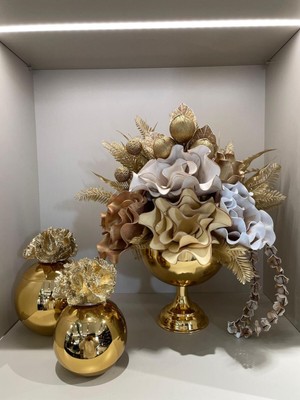 PremiumPort Yapay Çiçekli Gold Yuvarlak Vazo 3 Parça Set, Şık ve Zarif Dekorasyon